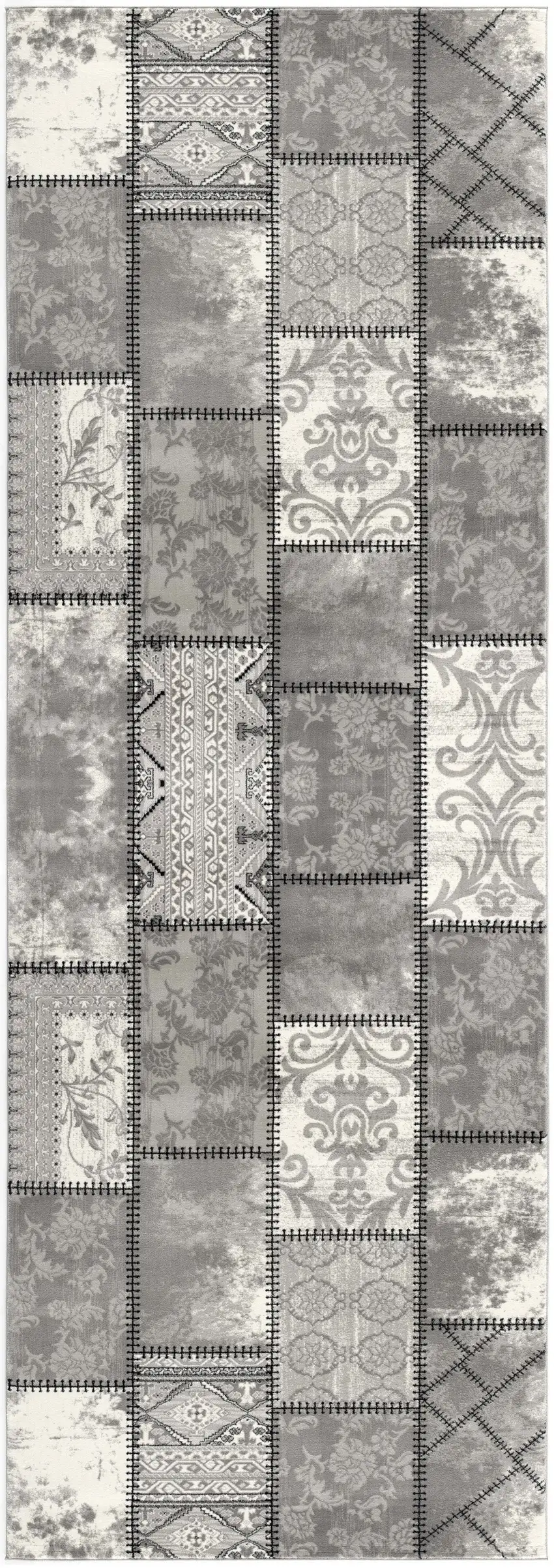 13' Gray and Ivory Geometric Washable Non Skid Runner Rug Photo 2