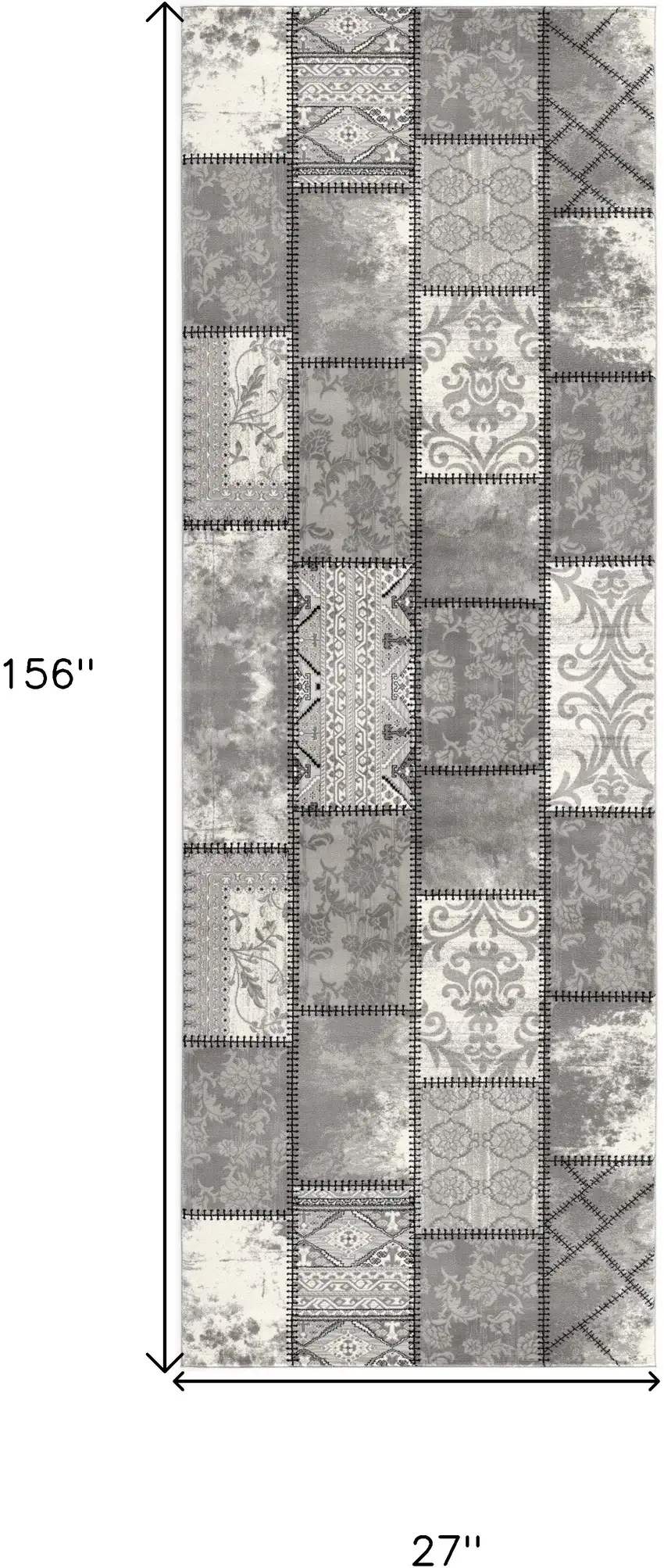 13' Gray and Ivory Geometric Washable Non Skid Runner Rug Photo 3