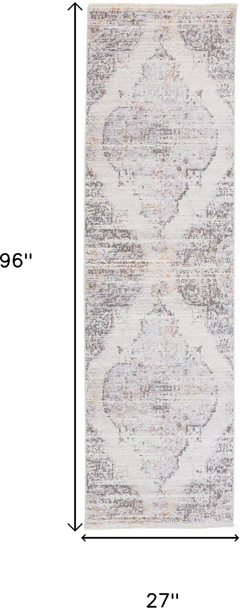 8' Gray and Ivory Medallion Power Loom Distressed Runner Rug With Fringe Photo 3