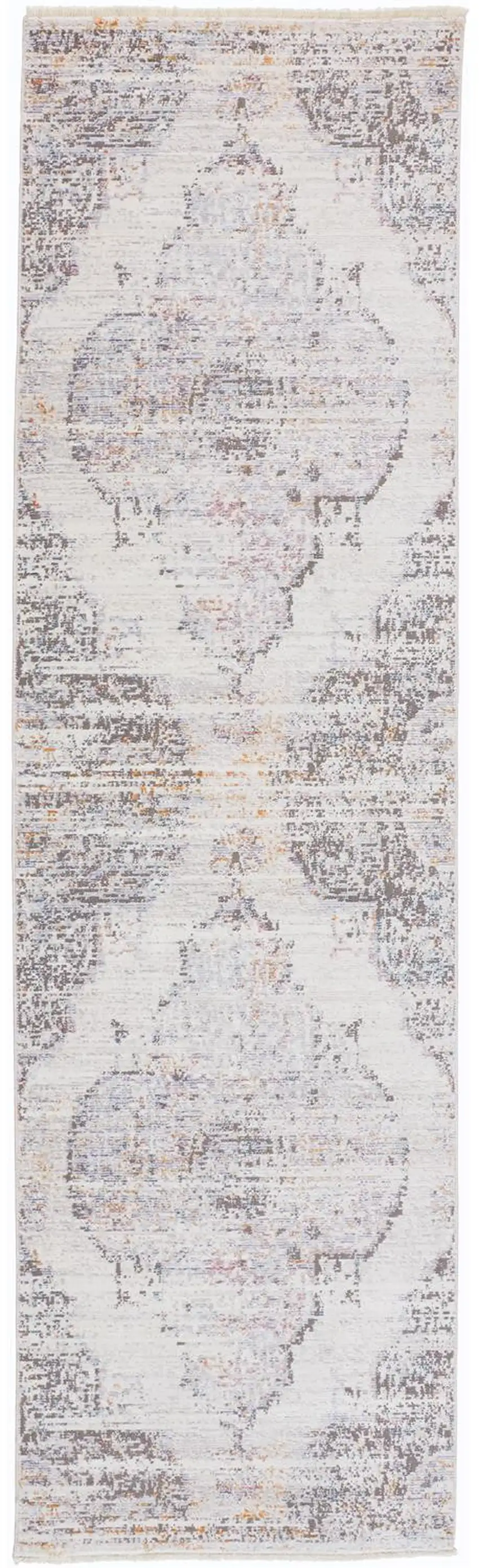 8' Gray and Ivory Medallion Power Loom Distressed Runner Rug With Fringe Photo 2