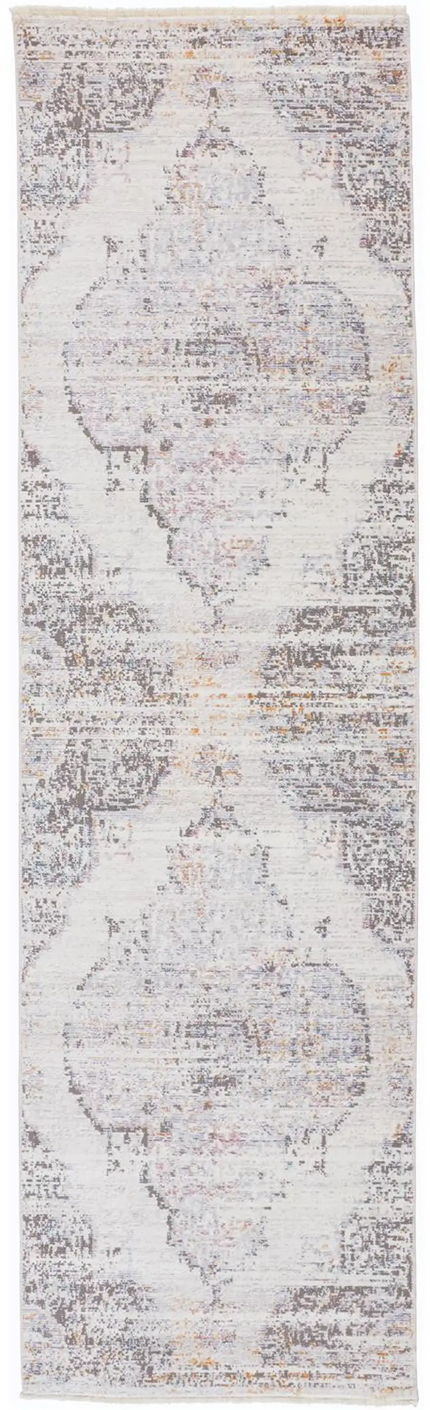 8' Gray and Ivory Medallion Power Loom Distressed Runner Rug With Fringe Photo 4
