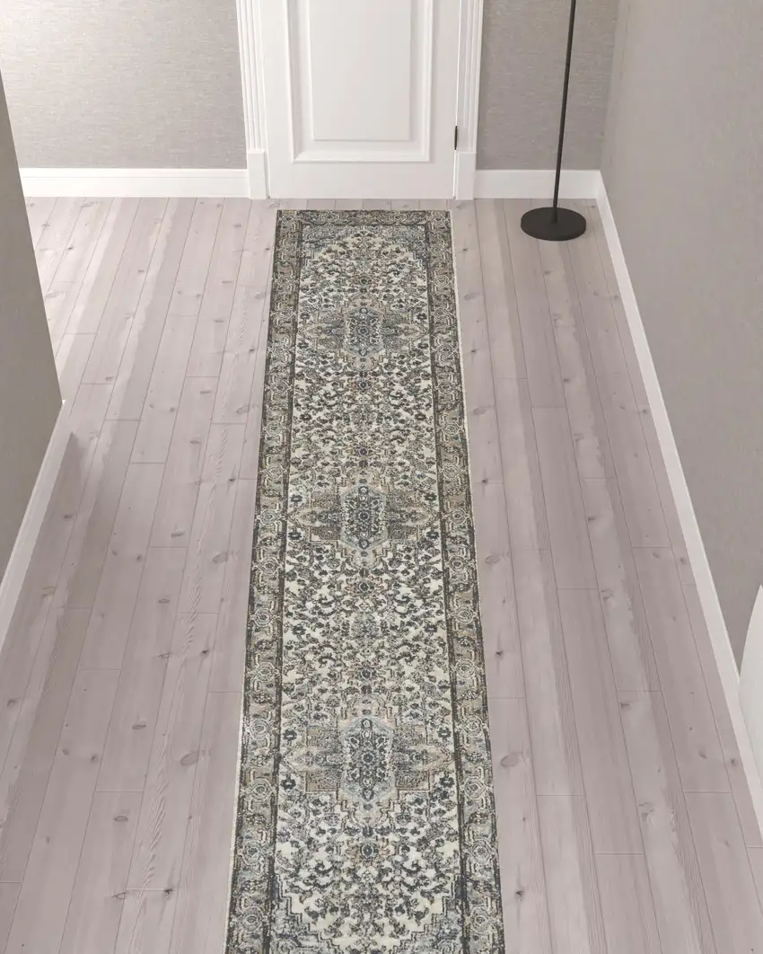 12' Gray and Ivory Medallion Power Loom Runner Rug Photo 2