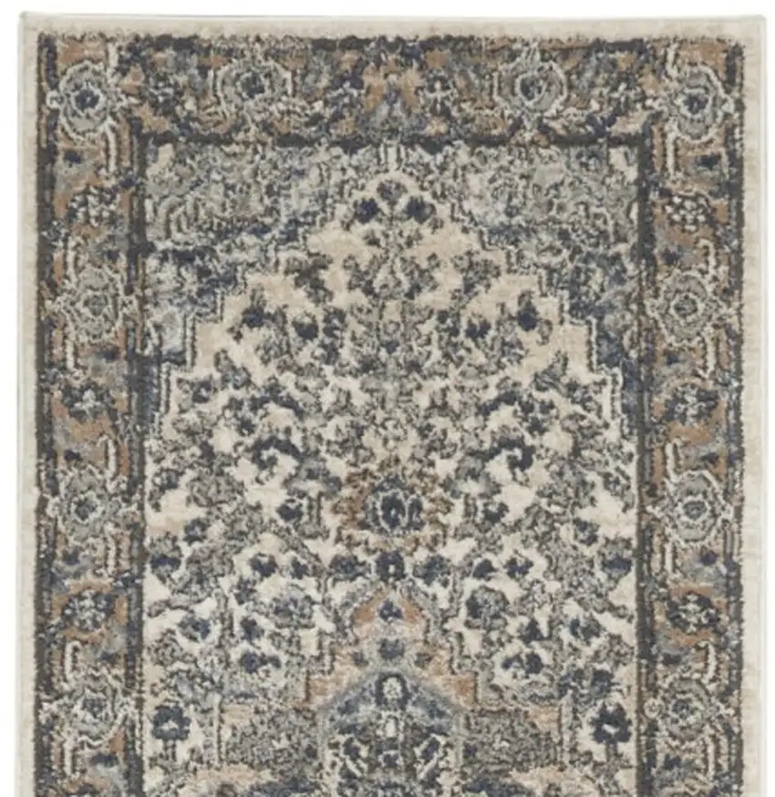 12' Gray and Ivory Medallion Power Loom Runner Rug Photo 3