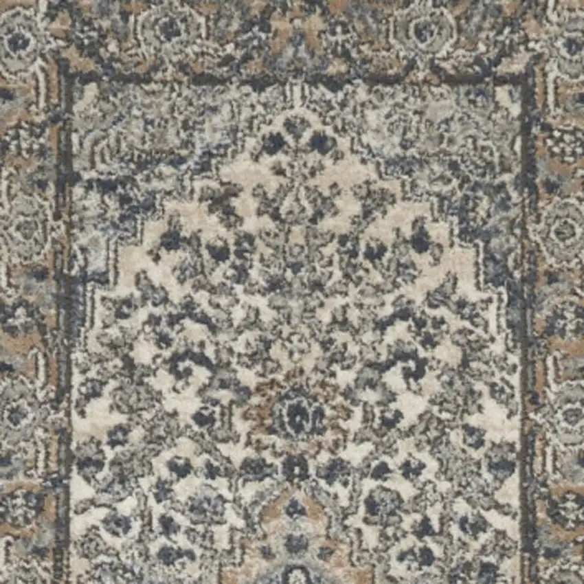 12' Gray and Ivory Medallion Power Loom Runner Rug Photo 1