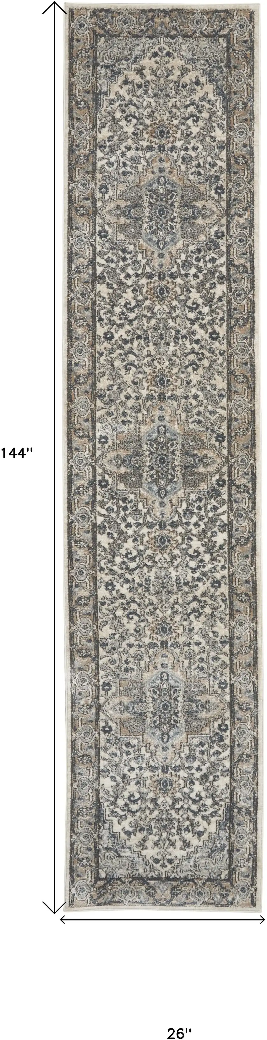 12' Gray and Ivory Medallion Power Loom Runner Rug Photo 7