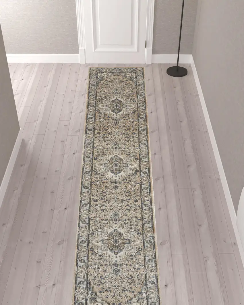 12' Gray and Ivory Medallion Power Loom Runner Rug Photo 2