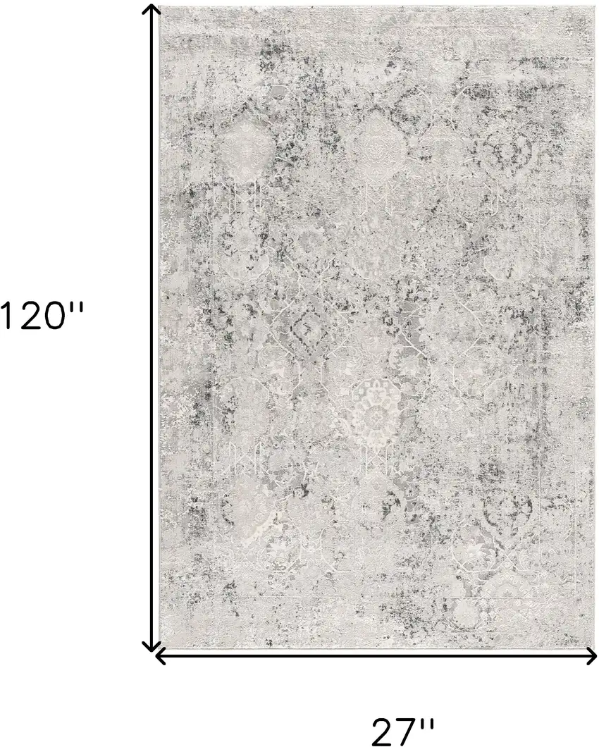 10' Gray and Ivory Oriental Distressed Runner Rug Photo 3