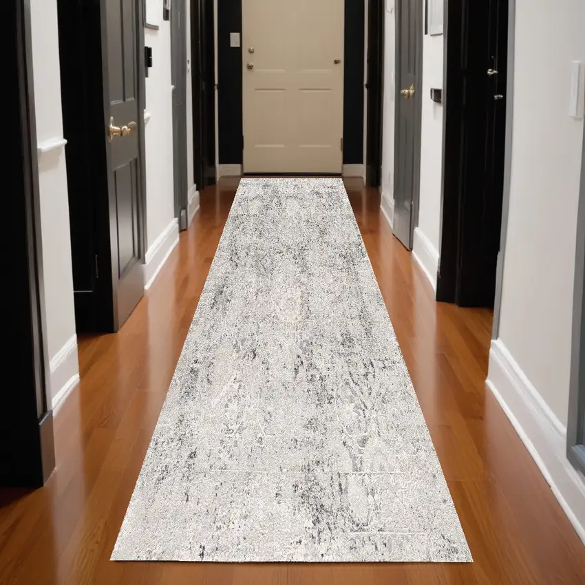 13' Gray and Ivory Oriental Distressed Runner Rug Photo 1