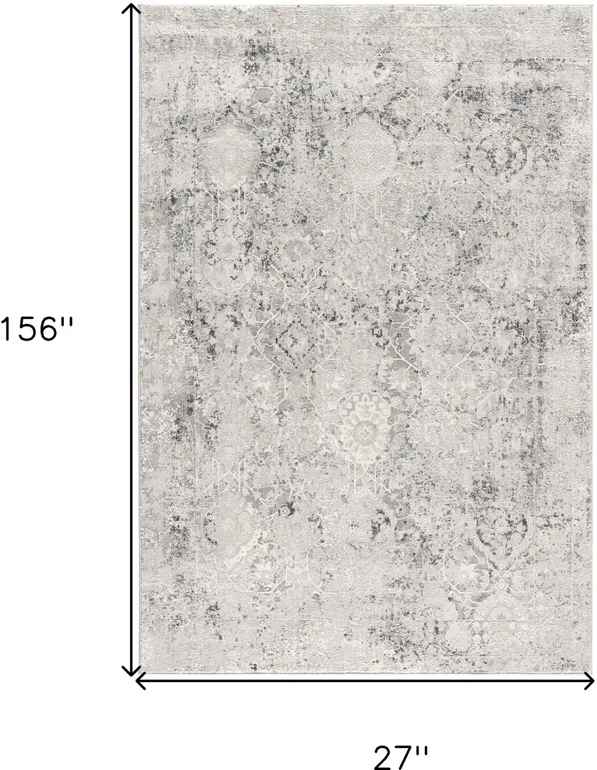 13' Gray and Ivory Oriental Distressed Runner Rug Photo 3