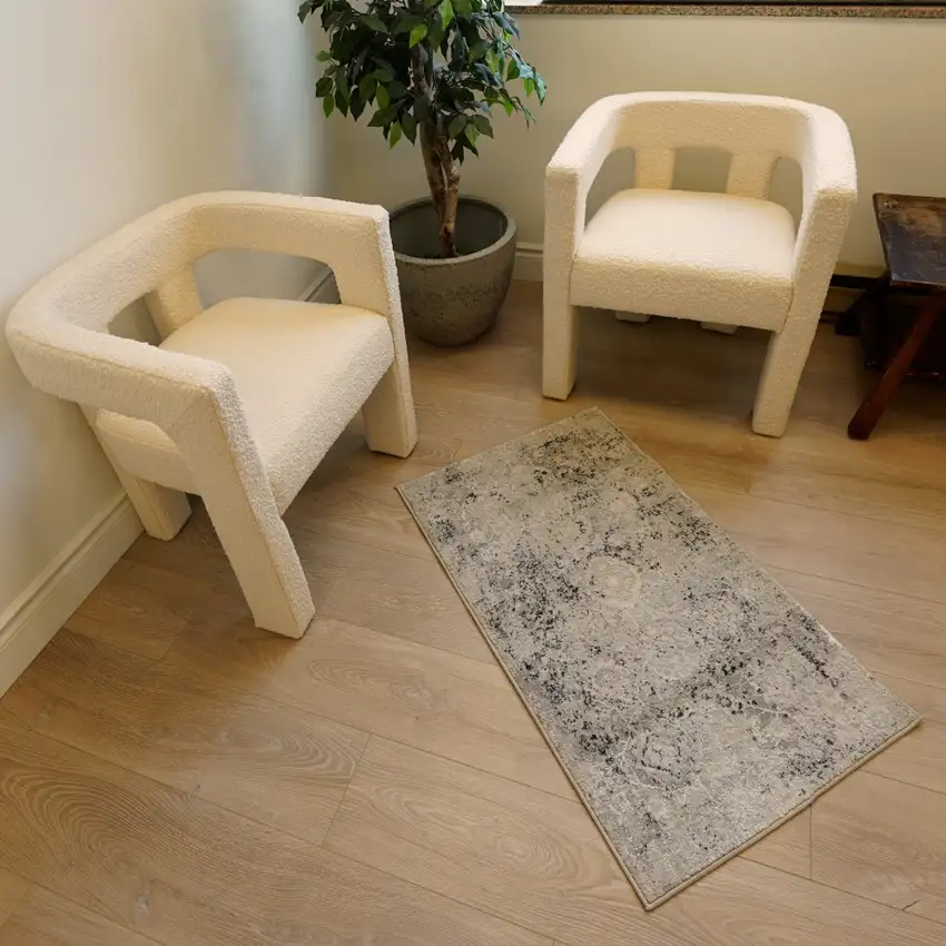 15' Gray and Ivory Oriental Distressed Runner Rug Photo 3