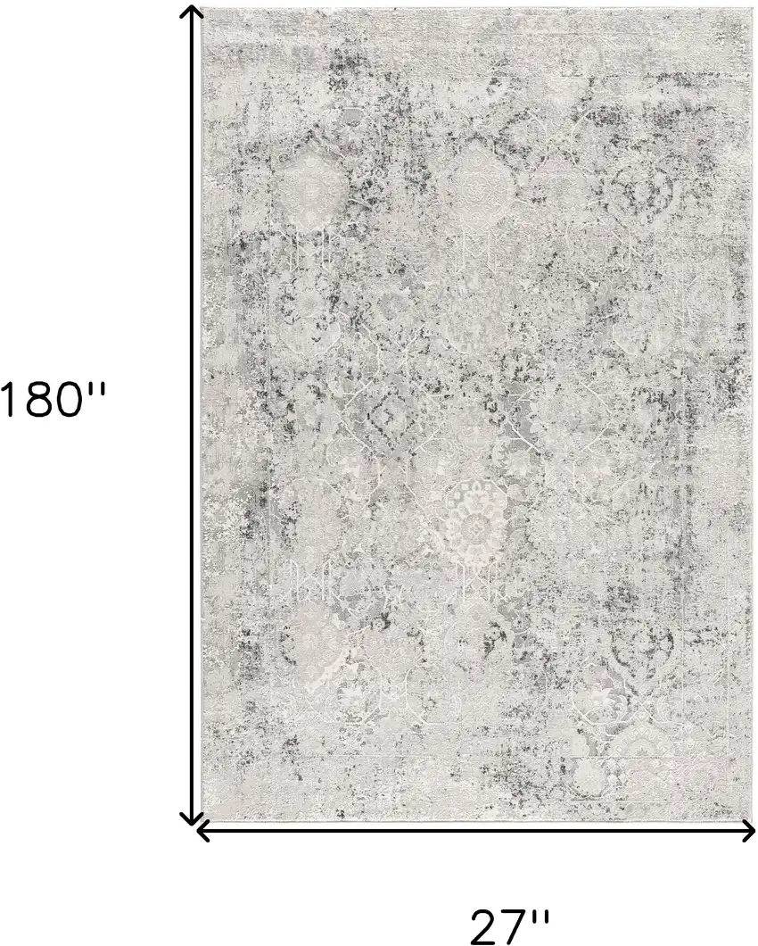 15' Gray and Ivory Oriental Distressed Runner Rug Photo 3