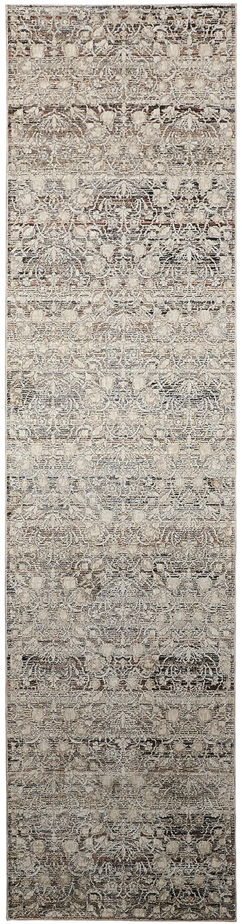 12' Gray and Ivory Oriental Power Loom Distressed Runner Rug With Fringe Photo 2