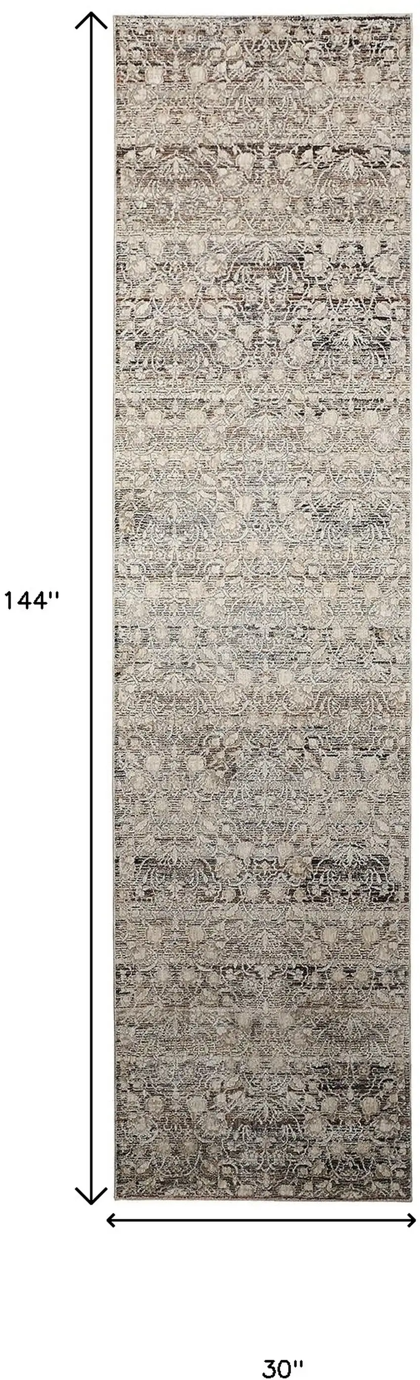 12' Gray and Ivory Oriental Power Loom Distressed Runner Rug With Fringe Photo 3
