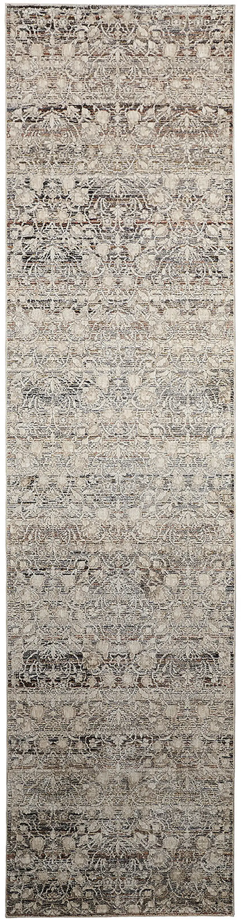 12' Gray and Ivory Oriental Power Loom Distressed Runner Rug With Fringe Photo 4