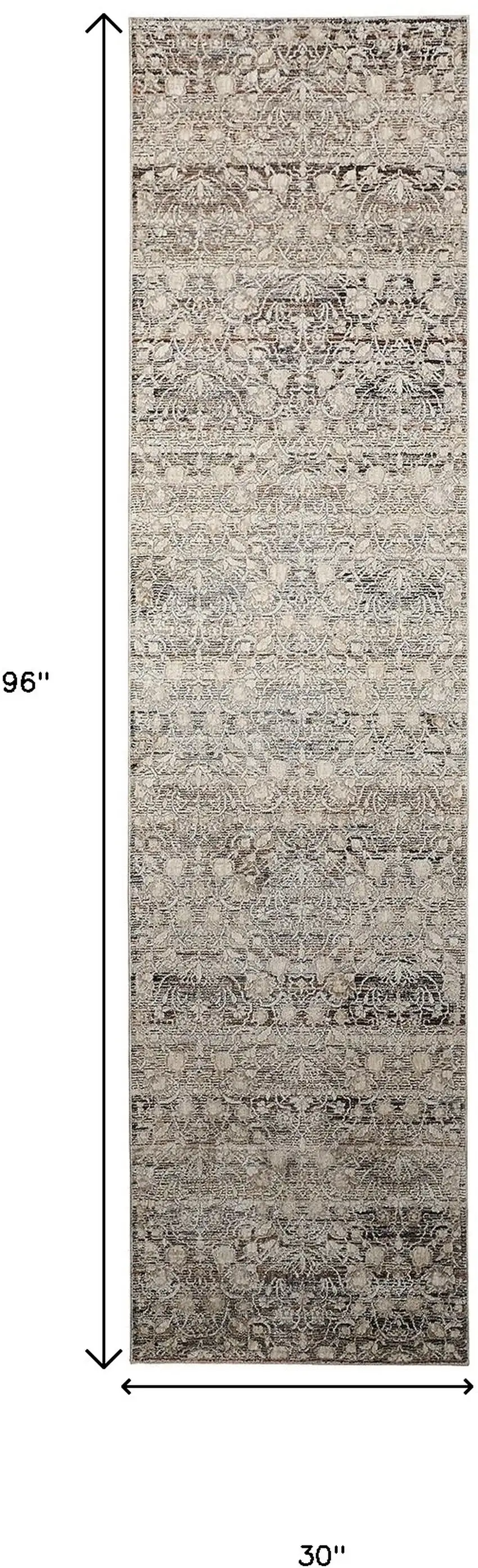 8' Gray and Ivory Oriental Power Loom Distressed Runner Rug With Fringe Photo 3