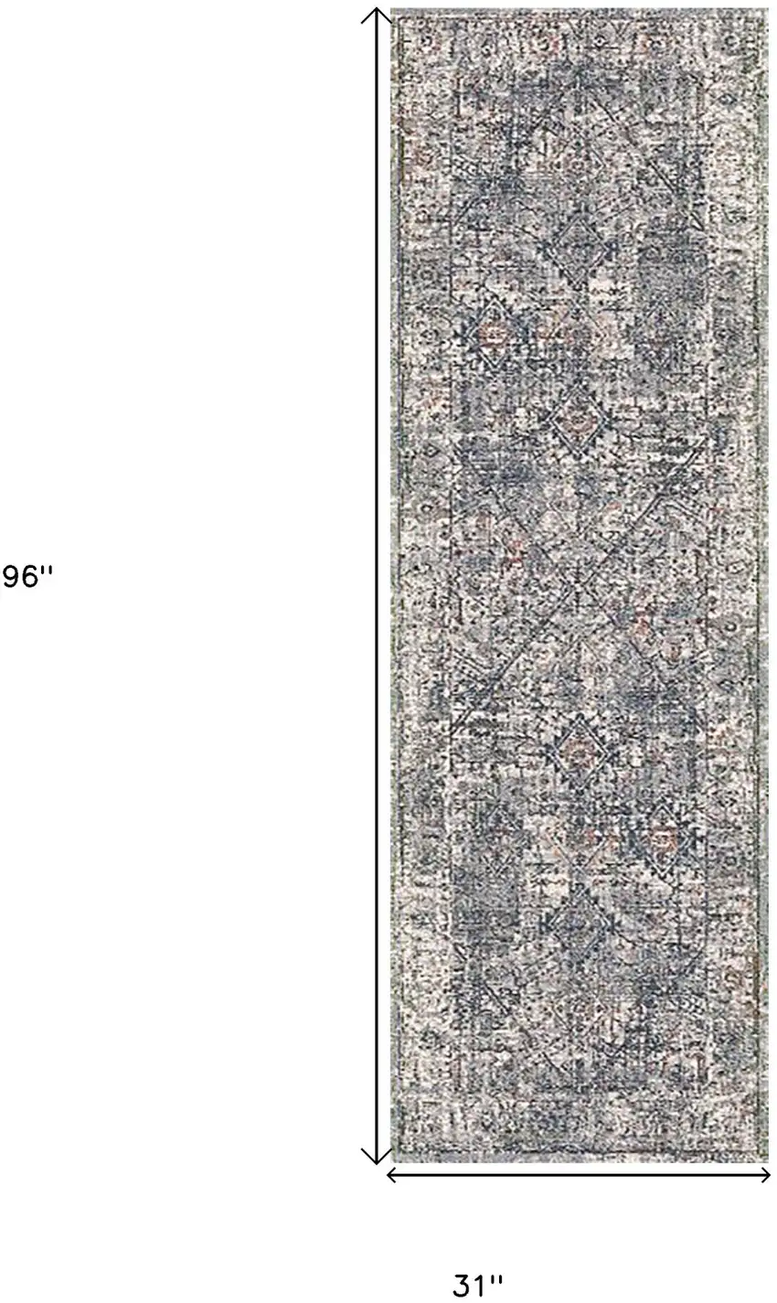 8' Gray and Ivory Oriental Power Loom Runner Rug Photo 7