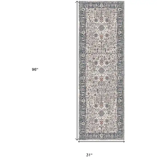 8' Gray and Ivory Oriental Power Loom Runner Rug Photo 6
