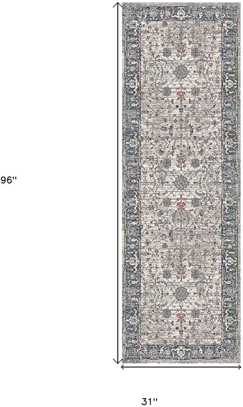 8' Gray and Ivory Oriental Power Loom Runner Rug Photo 6
