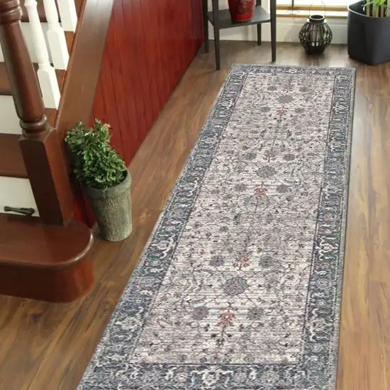8' Gray and Ivory Oriental Power Loom Runner Rug Photo 5