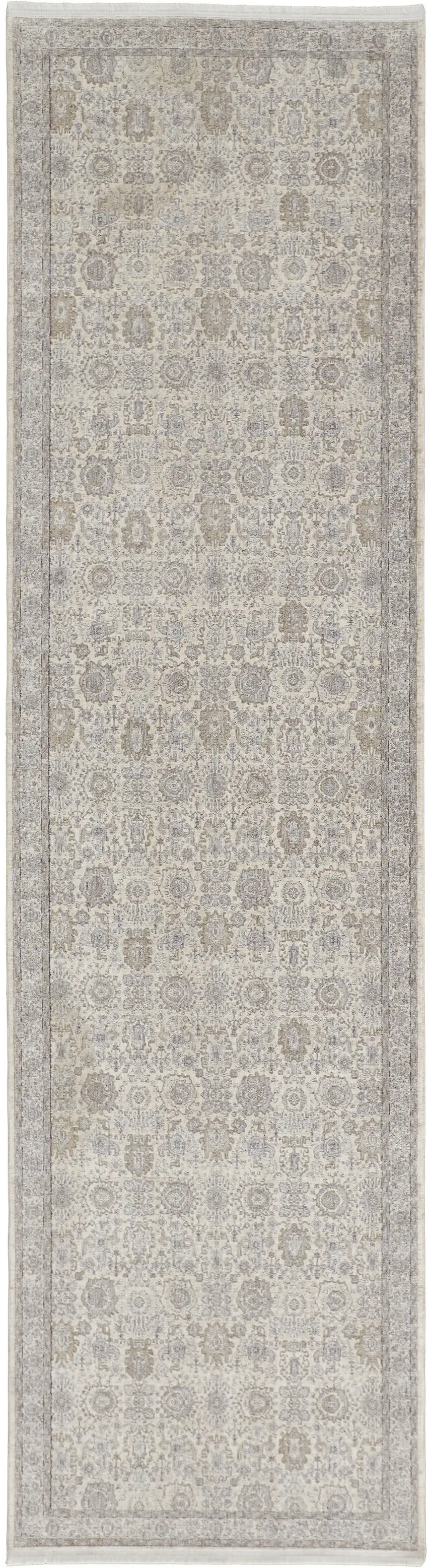 8' Gray and Ivory Oriental Power Loom Worn Faded Runner Rug With Fringe Photo 2
