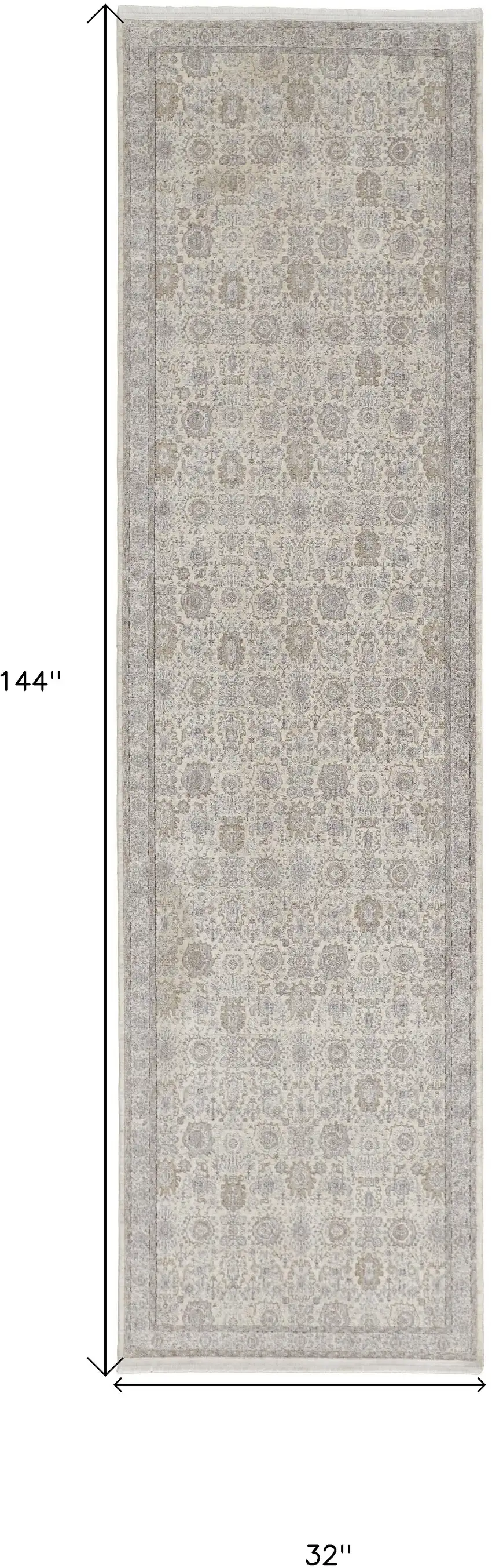 12' Gray and Ivory Oriental Power Loom Worn Faded Runner Rug With Fringe Photo 3