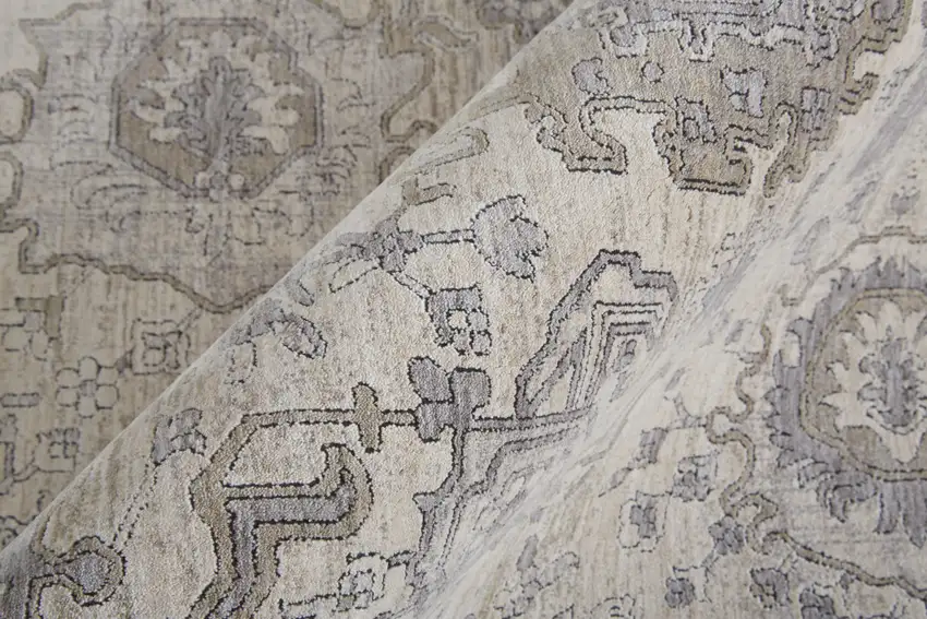 12' Gray and Ivory Oriental Power Loom Worn Faded Runner Rug With Fringe Photo 7