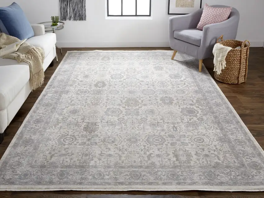 12' Gray and Ivory Oriental Power Loom Worn Faded Runner Rug With Fringe Photo 5