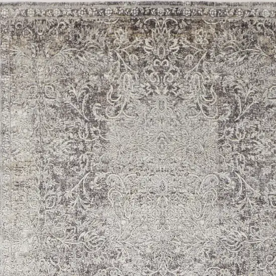 8' Gray and Ivory Oriental Power Loom Worn Faded Runner Rug Photo 7