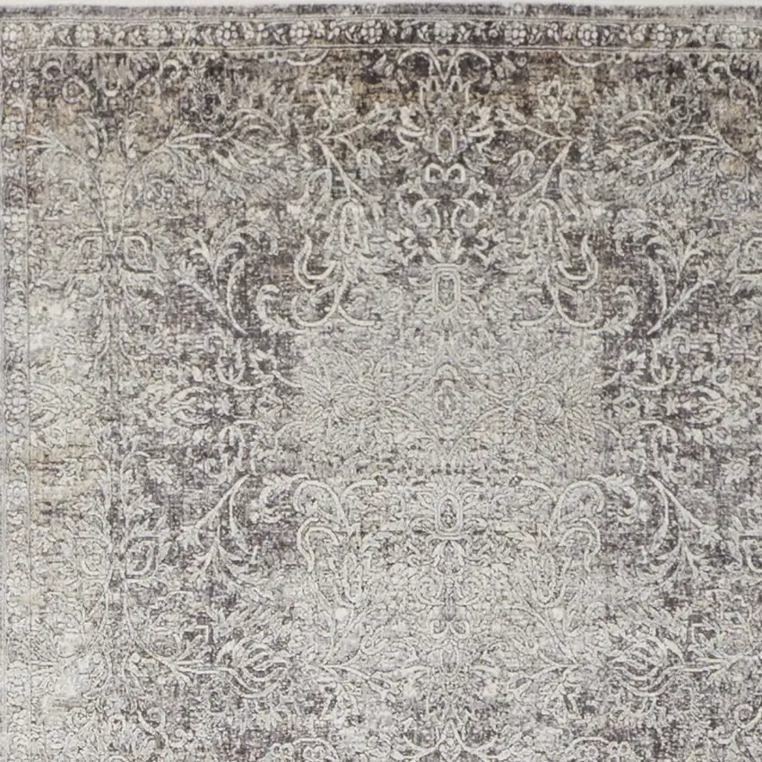 8' Gray and Ivory Oriental Power Loom Worn Faded Runner Rug Photo 7