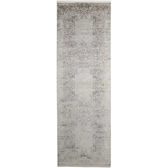 8' Gray and Ivory Oriental Power Loom Worn Faded Runner Rug Photo 4