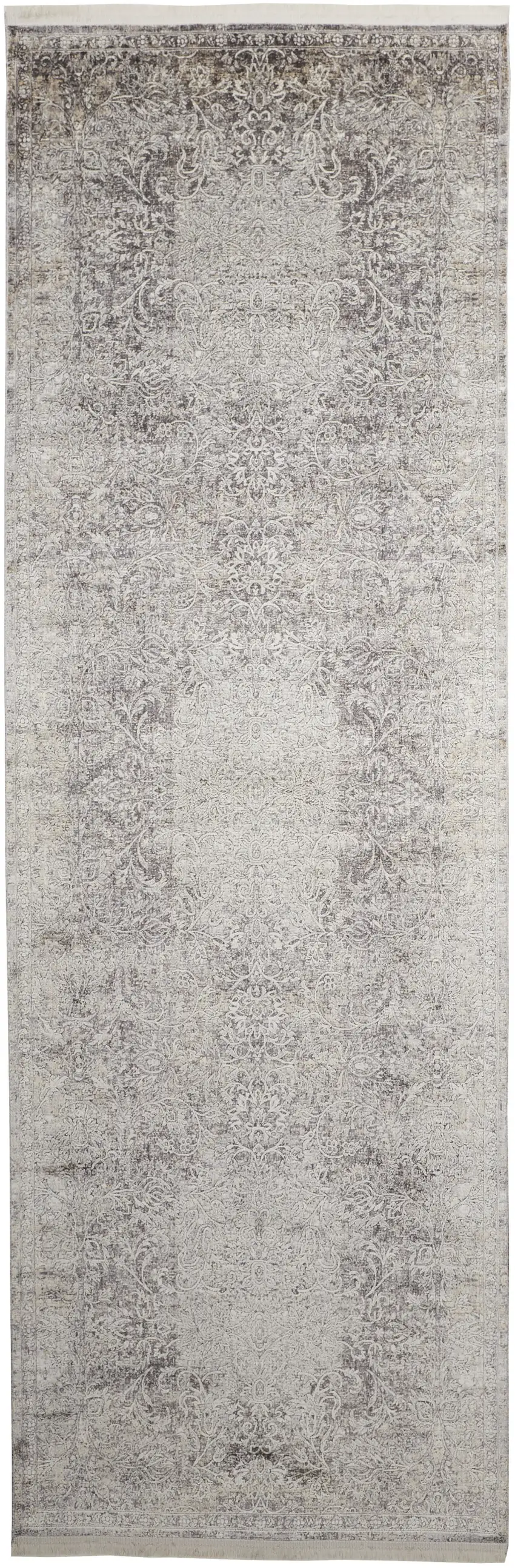 8' Gray and Ivory Oriental Power Loom Worn Faded Runner Rug Photo 4