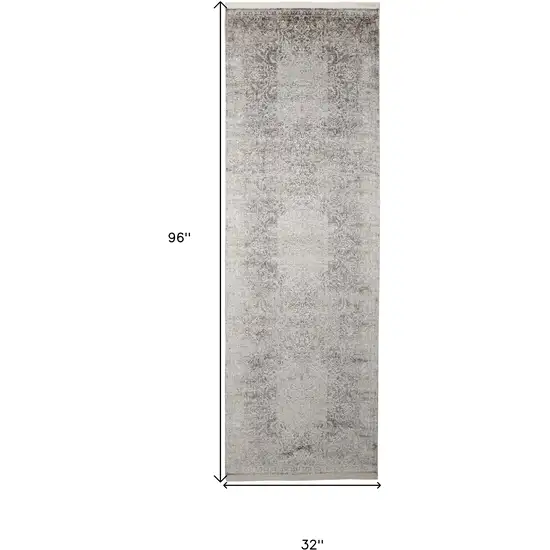 8' Gray and Ivory Oriental Power Loom Worn Faded Runner Rug Photo 6