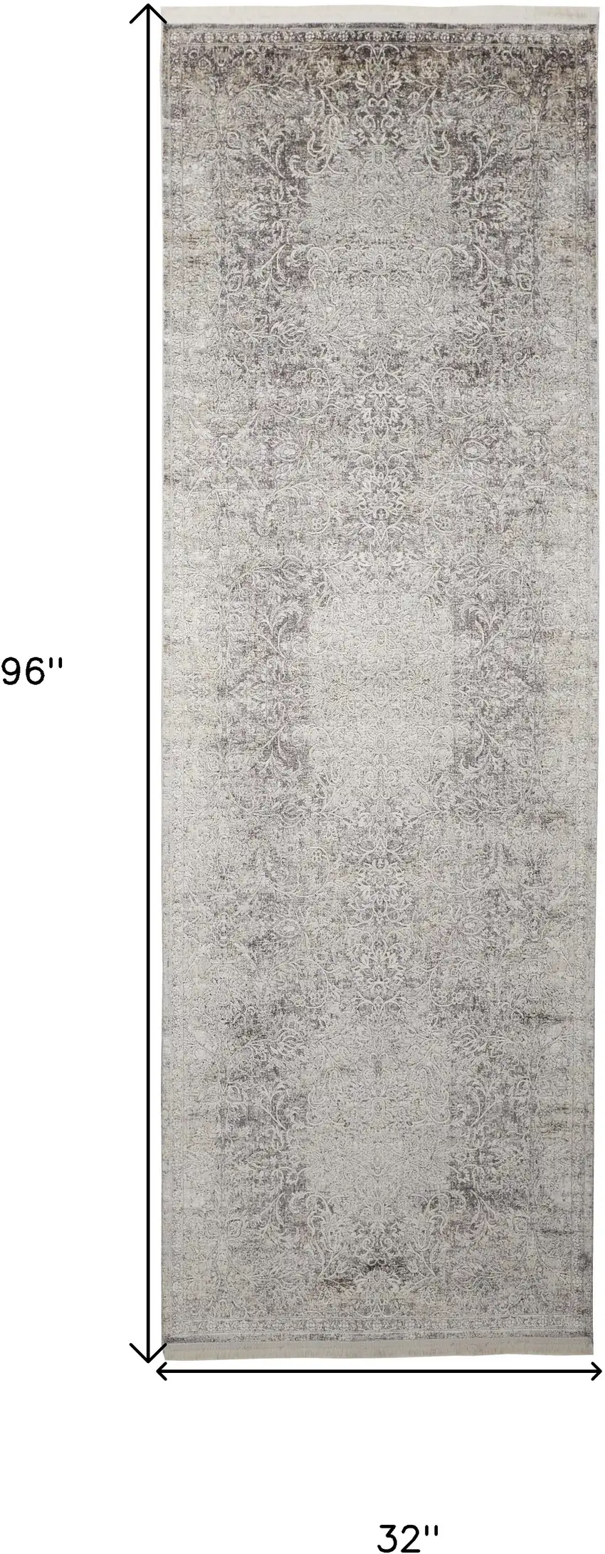 8' Gray and Ivory Oriental Power Loom Worn Faded Runner Rug Photo 6