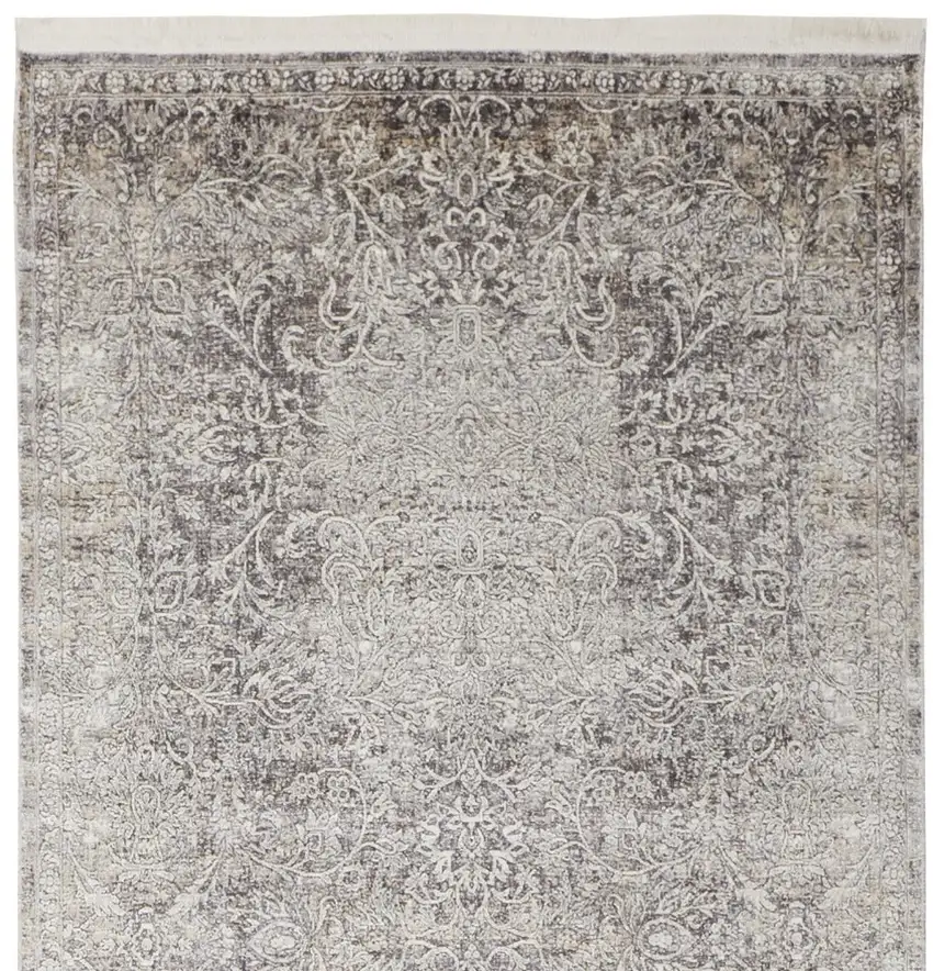 8' Gray and Ivory Oriental Power Loom Worn Faded Runner Rug Photo 7