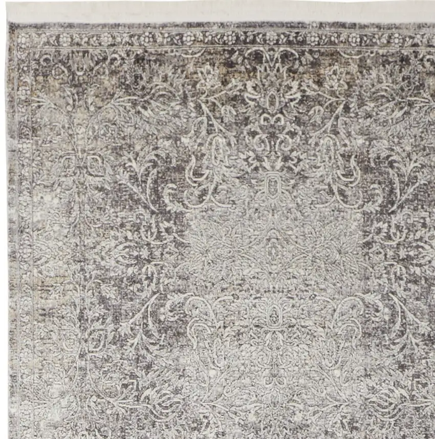 8' Gray and Ivory Oriental Power Loom Worn Faded Runner Rug Photo 6