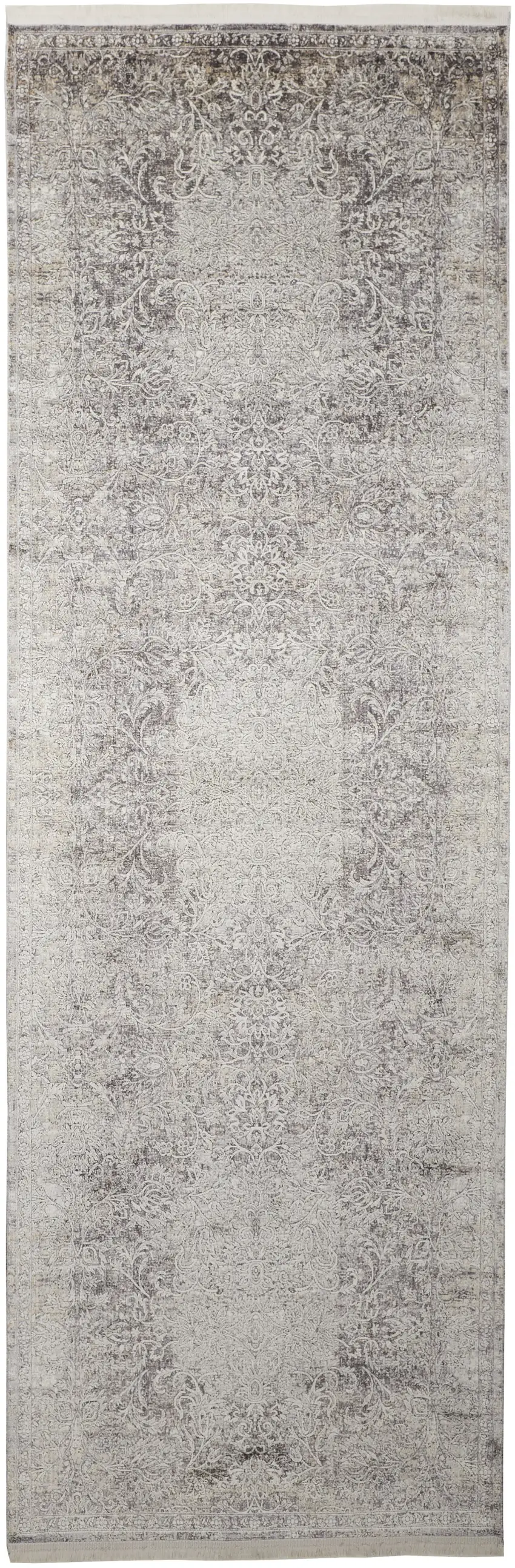 8' Gray and Ivory Oriental Power Loom Worn Faded Runner Rug Photo 2