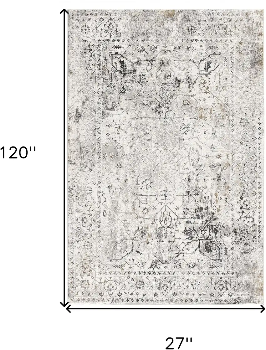 10' Gray and Ivory Oriental Washable Non Skid Runner Rug Photo 7