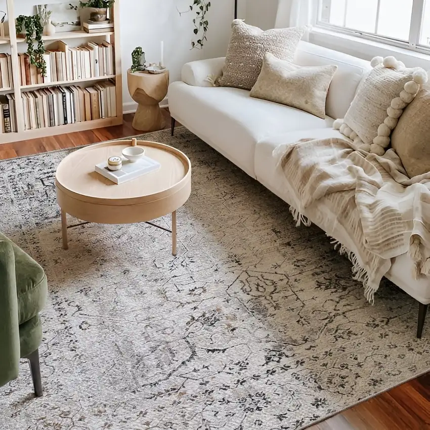 13' Gray and Ivory Oriental Washable Non Skid Runner Rug Photo 7