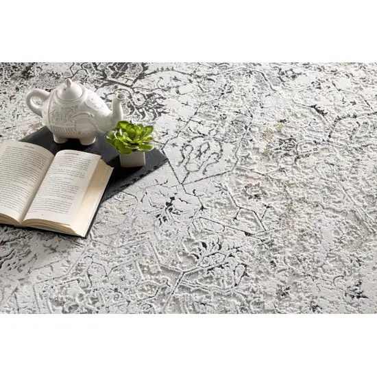 13' Gray and Ivory Oriental Washable Non Skid Runner Rug Photo 6