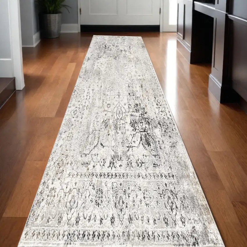 13' Gray and Ivory Oriental Washable Non Skid Runner Rug Photo 1