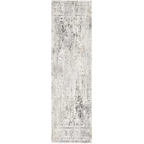 15' Gray and Ivory Oriental Washable Non Skid Runner Rug Photo 2