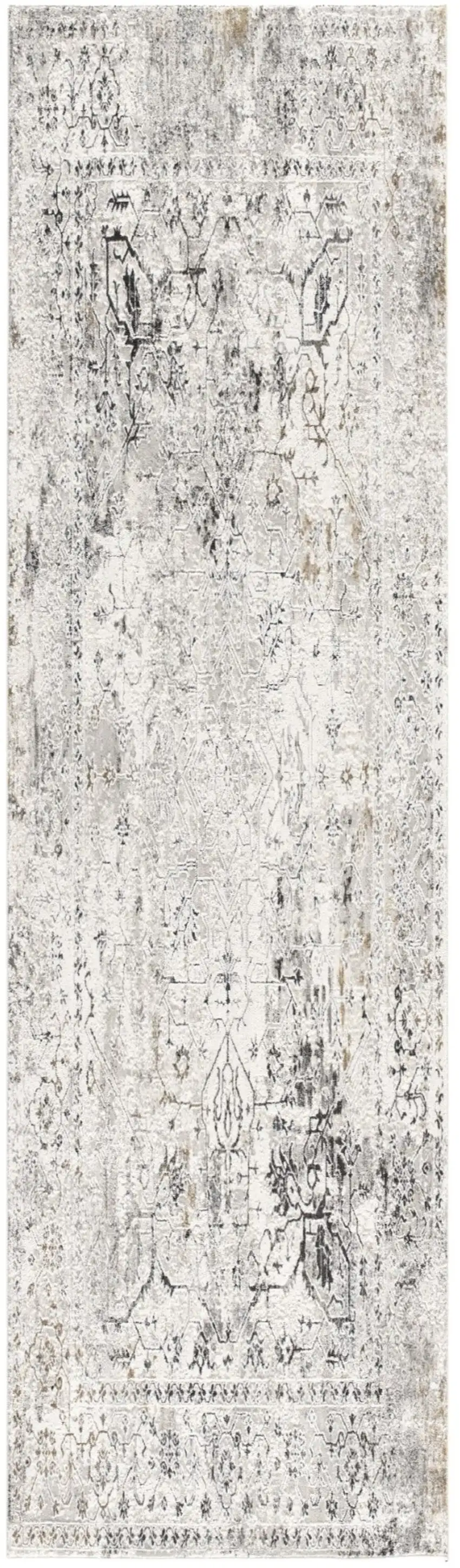 15' Gray and Ivory Oriental Washable Non Skid Runner Rug Photo 2