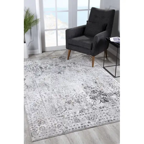 15' Gray and Ivory Oriental Washable Non Skid Runner Rug Photo 3