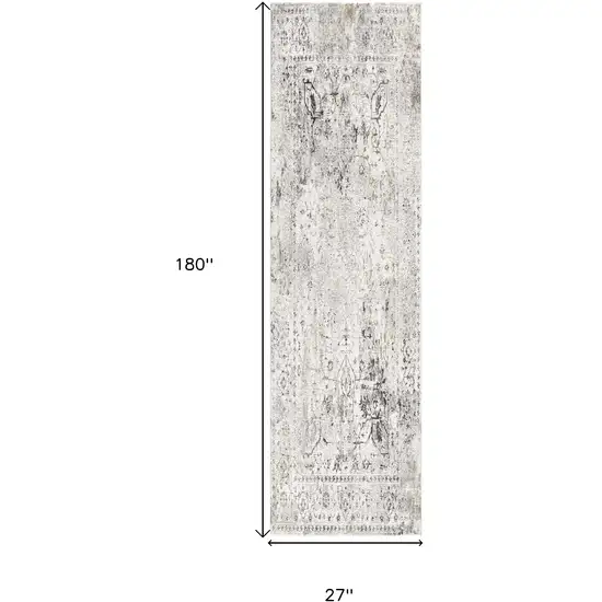 15' Gray and Ivory Oriental Washable Non Skid Runner Rug Photo 7