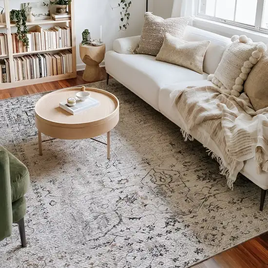 15' Gray and Ivory Oriental Washable Non Skid Runner Rug Photo 5