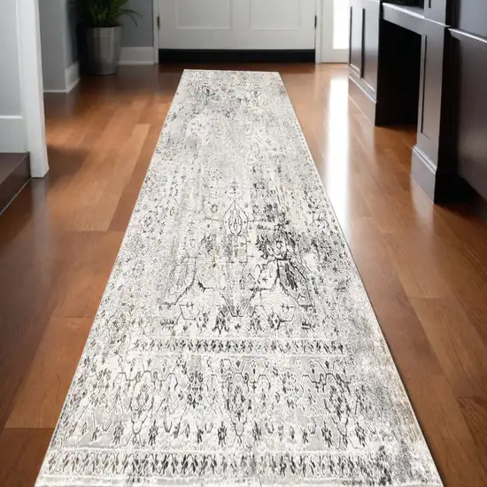 15' Gray and Ivory Oriental Washable Non Skid Runner Rug Photo 1