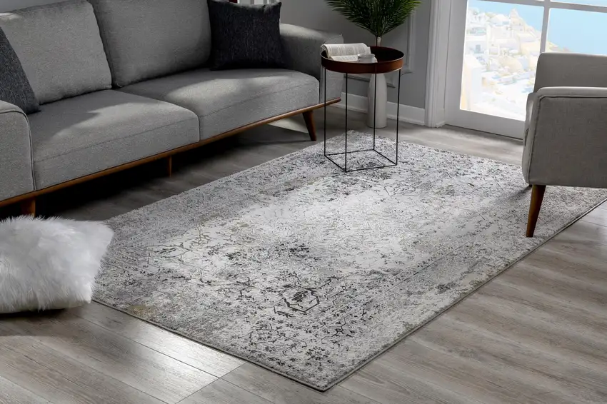 15' Gray and Ivory Oriental Washable Non Skid Runner Rug Photo 4
