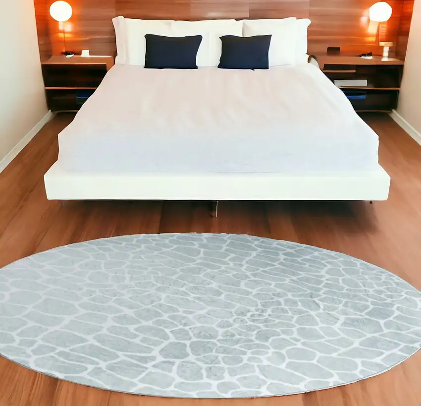 8' Gray and Ivory Round Animal Print Handmade Non Skid Area Rug Photo 1