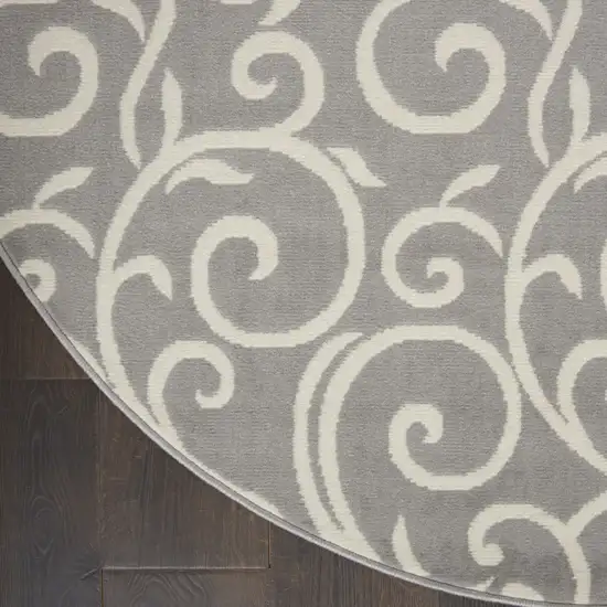 8' Gray and Ivory Round Floral Vines Power Loom Area Rug Photo 9
