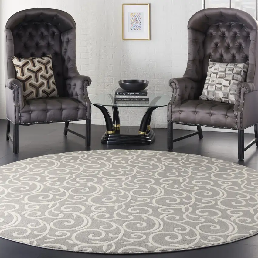 8' Gray and Ivory Round Floral Vines Power Loom Area Rug Photo 6
